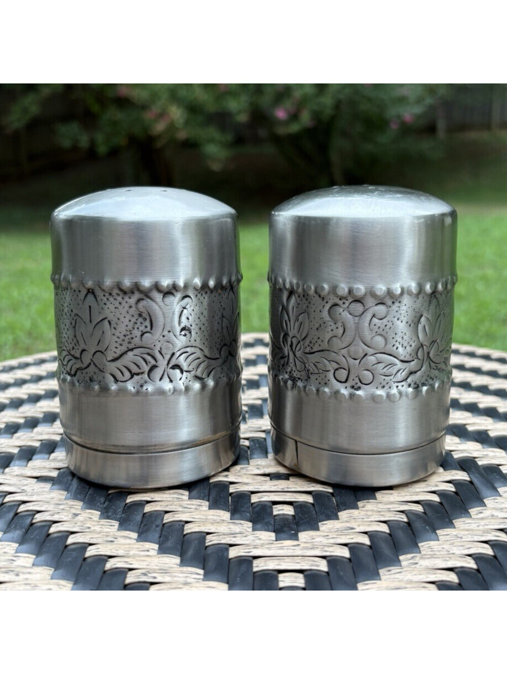 Metal Silver Floral Embossed Refillable Salt & Pepper Shakers Set 2 4 in